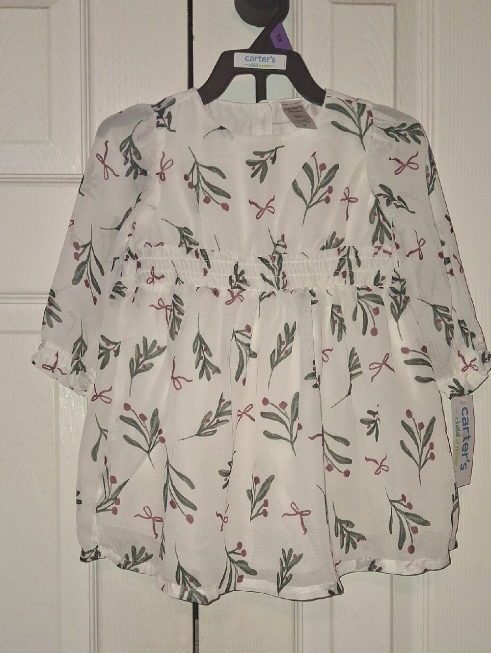 Carter's White Top with Green Leaf & Red Berry Print